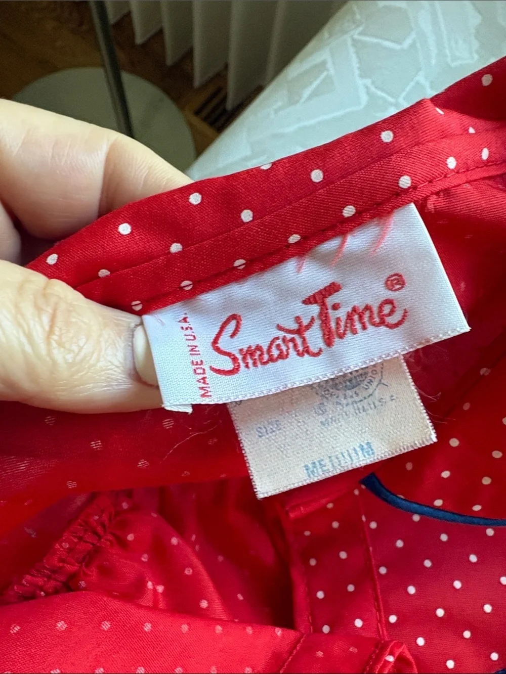 Red Polka Dot snap up house dress with Floral Embroidery pocket Med cotton blend